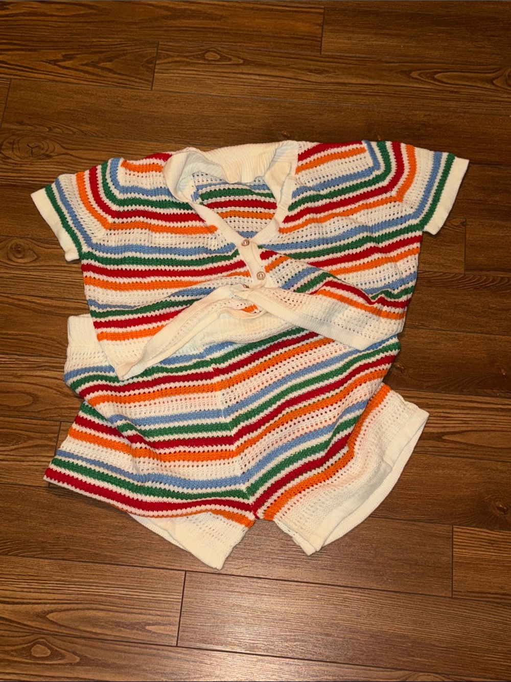 Striped Knit Short Set in White with Rainbow Stripes